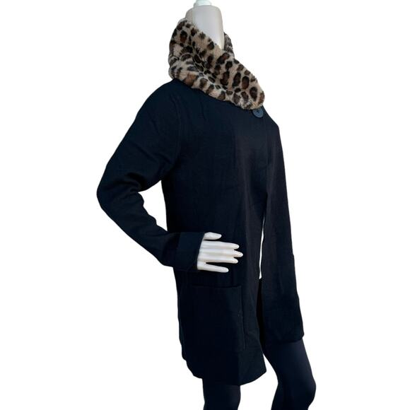 JNY Jones New York Black Knit Faux Fur Removable Collar One Button Cardigan L - Picture 4 of 10
